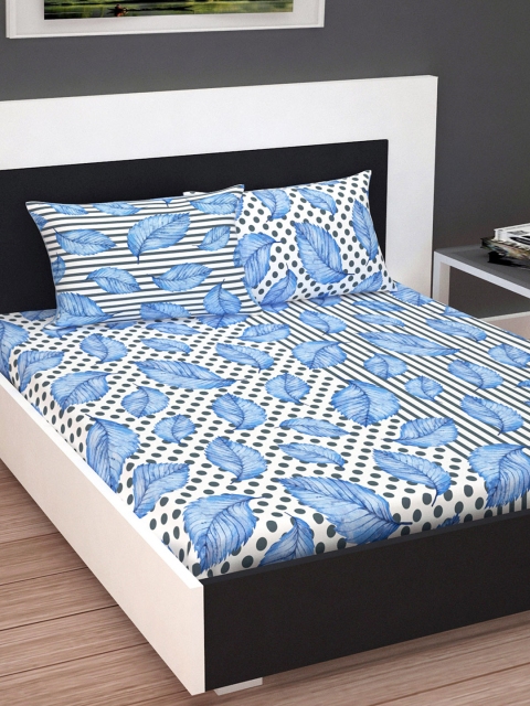 

Divine Casa White & Blue Floral Flat 160 TC Cotton 1 Extra Large Bedsheet with 2 Pillow Covers