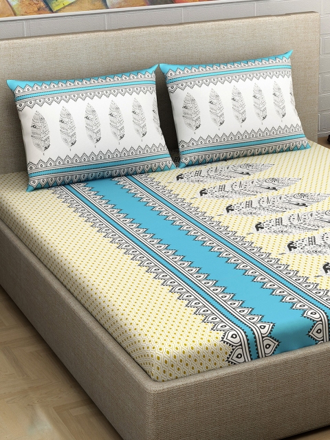 

Divine Casa Beige & Blue Abstract Flat 180 TC Cotton 1 Extra Large Bedsheet with 2 Pillow Covers