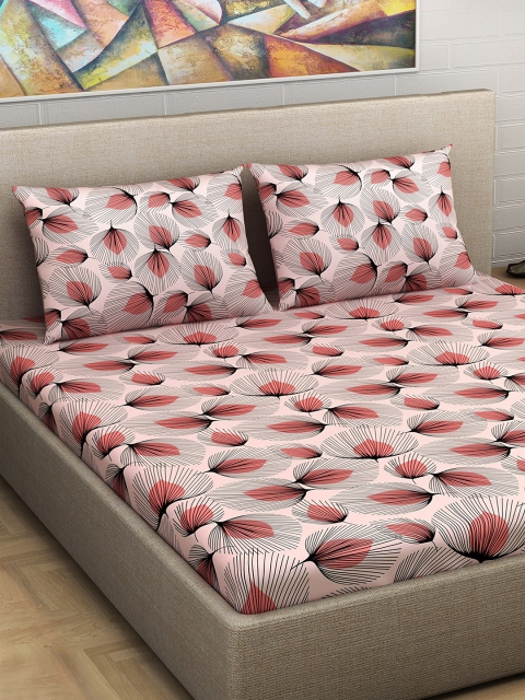 

Divine Casa Pink & Coral Floral Flat 180 TC Cotton 1 Extra Large Bedsheet with 2 Pillow Covers