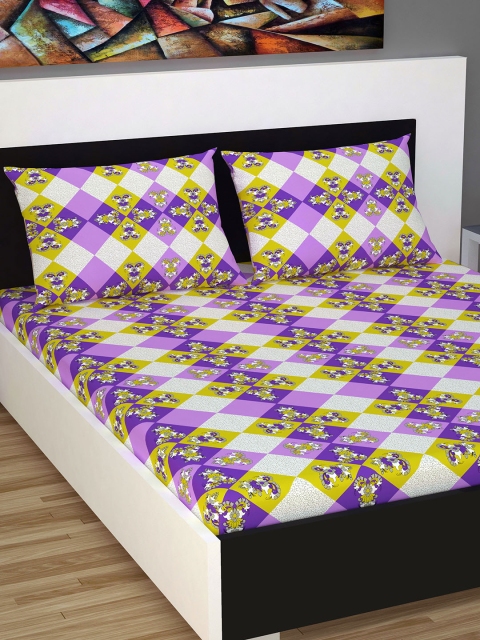 

Divine Casa Off-White & Purple Ethnic Motifs Flat 144 TC Cotton 1 Extra Large Bedsheet with 2 Pillow Covers