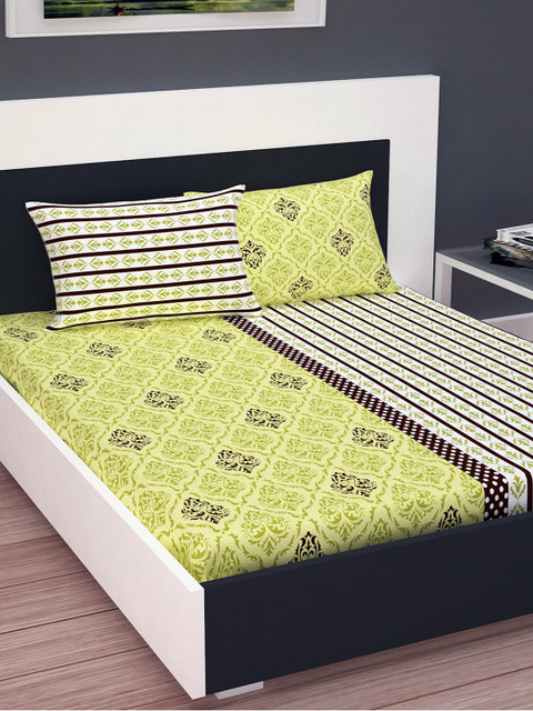 

Divine Casa Lime Green & Brown Ethnic Motifs Flat 160 TC Bedsheet with 2 Pillow Covers