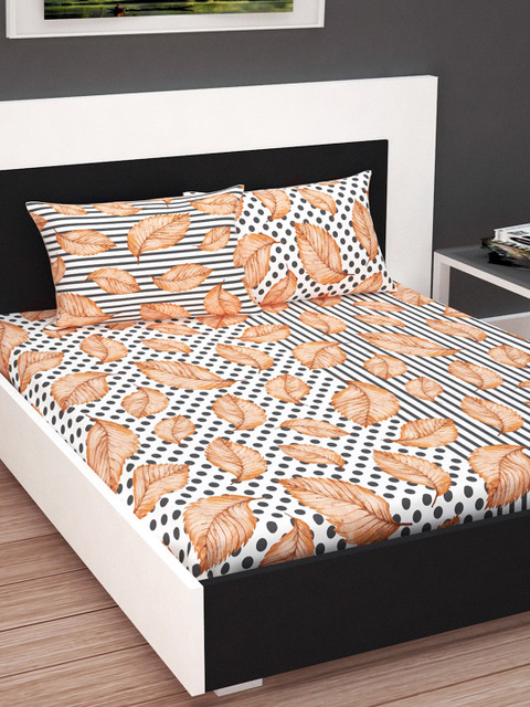 

Divine Casa White & Brown Floral Flat 160 TC Cotton 1 Extra Large Bedsheet with 2 Pillow Covers