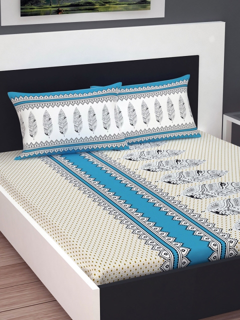 

Divine Casa Khaki & Turquoise Blue Abstract Flat 160 TC Cotton 1 Extra Large Bedsheet with 2 Pillow Covers