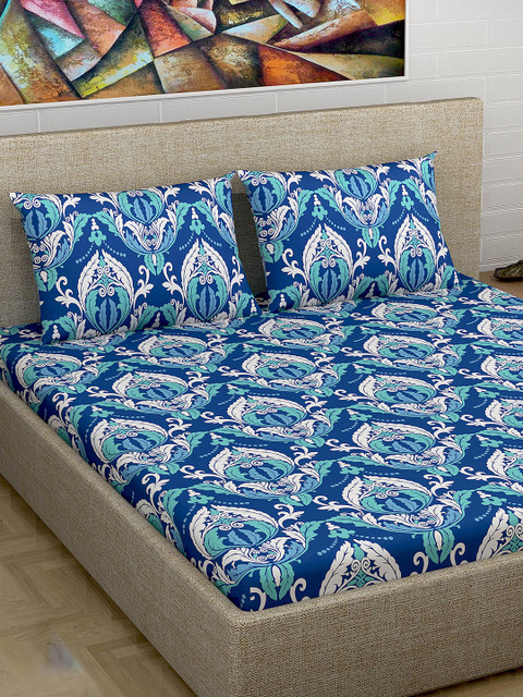 

Divine Casa Blue & Turquoise Blue Floral Flat 180 TC Cotton 1 Extra Large Bedsheet with 2 Pillow Covers