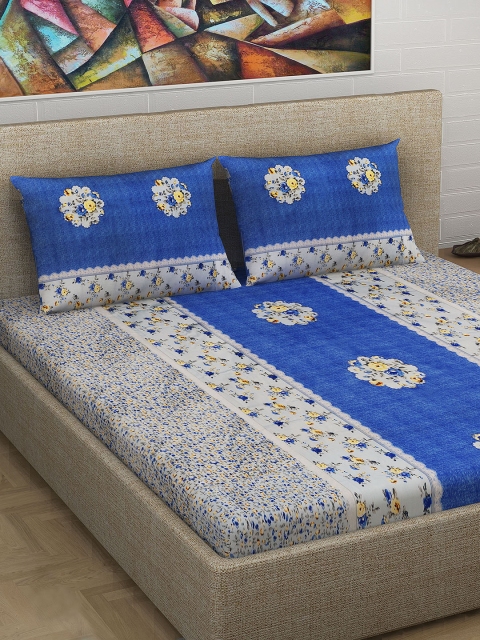 

Divine Casa Blue & Off-White Floral Flat 180 TC Cotton 1 King Bedsheet with 2 Pillow Covers