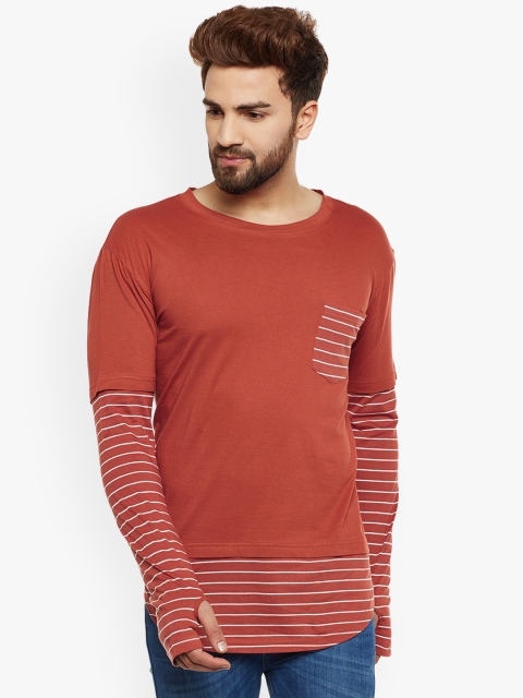 

Hypernation Men Orange Striped Round Neck Pure Cotton T-shirt
