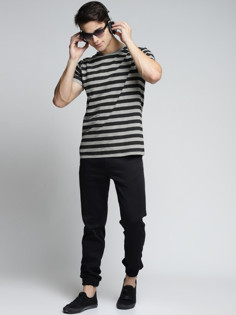 

DILLINGER Men Grey Striped Round Neck Pure Cotton T-shirt