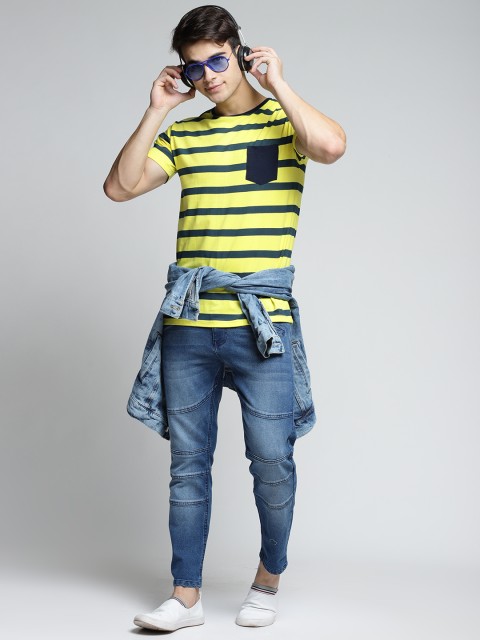 

DILLINGER Men Yellow Striped Round Neck Pure Cotton T-shirt