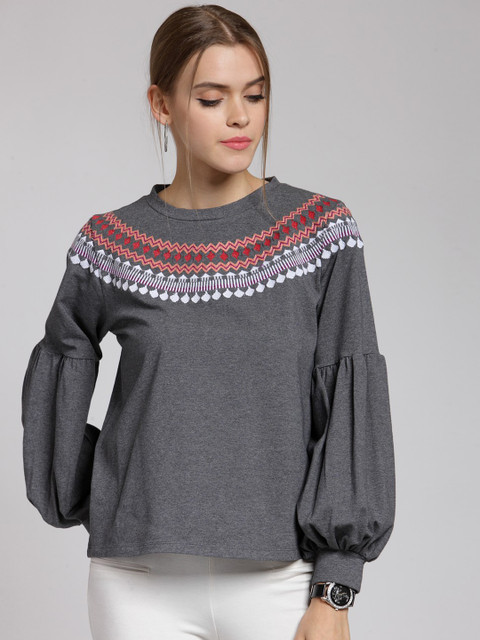 

plusS Women Charcoal Grey Printed Top