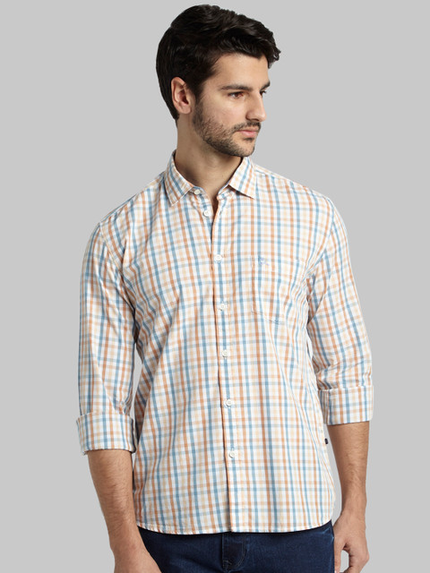 

Parx Men Orange & White Slim Fit Checked Casual Shirt