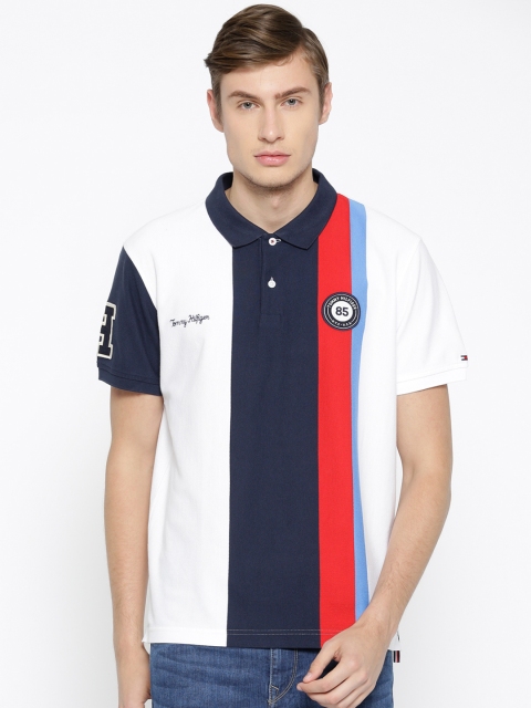 

Tommy Hilfiger Men White & Navy Slim Fit Colourblocked Polo Collar T-shirt