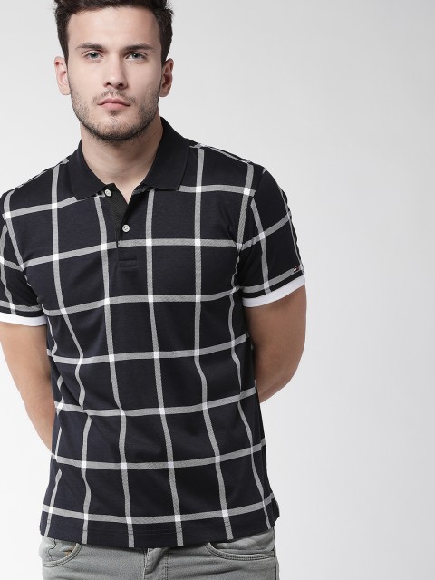 

Tommy Hilfiger Men Black & White Checked Polo Collar T-shirt