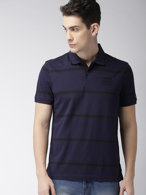 

Tommy Hilfiger Men Navy Blue & Black Striped Polo Collar T-shirt