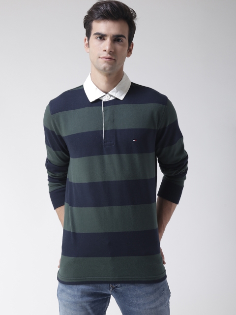 

Tommy Hilfiger Men Navy Blue & Green Striped Polo Collar T-shirt