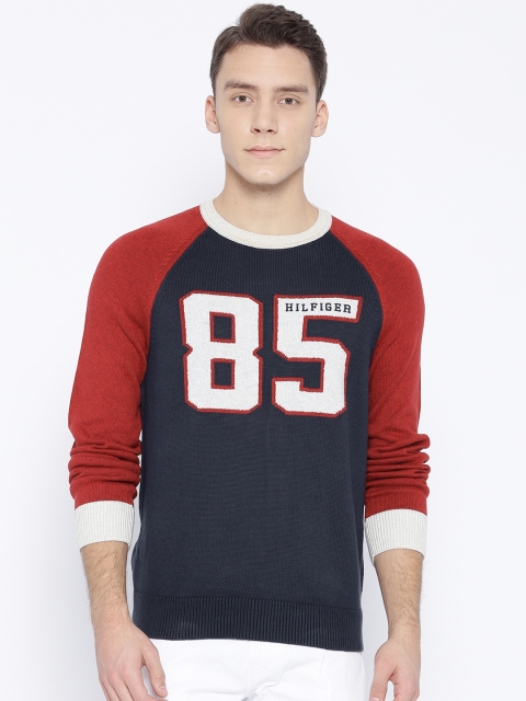 

Tommy Hilfiger Men Navy Blue & Red Self Design Pullover