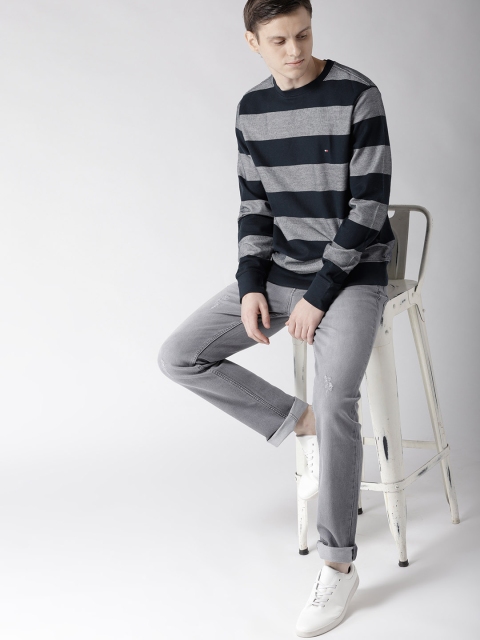 

Tommy Hilfiger Men Navy Blue & Grey Striped Sweatshirt