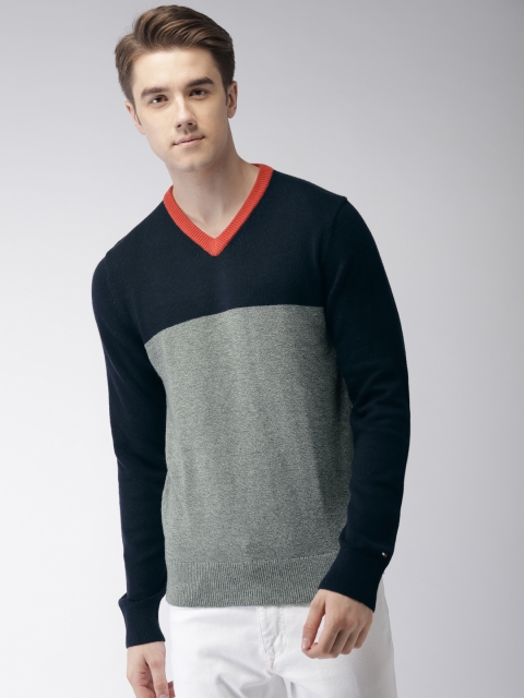 

Tommy Hilfiger Men Grey & Navy Blue Colourblocked Pullover