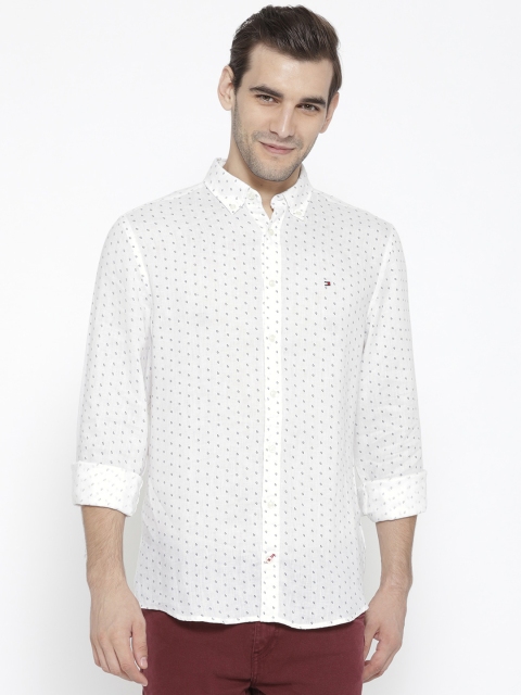 

Tommy Hilfiger Men White & Navy Blue Regular Fit Printed Linen Casual Shirt