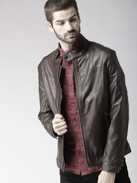 

Tommy Hilfiger Men Coffee Brown Solid Biker Jacket