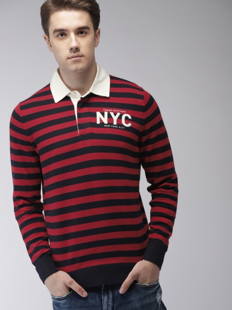 

Tommy Hilfiger Men Navy Blue & Red Solid Pullover