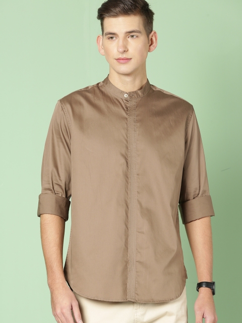 

House of Pataudi Men Brown Regular Fit Solid Party Shirt