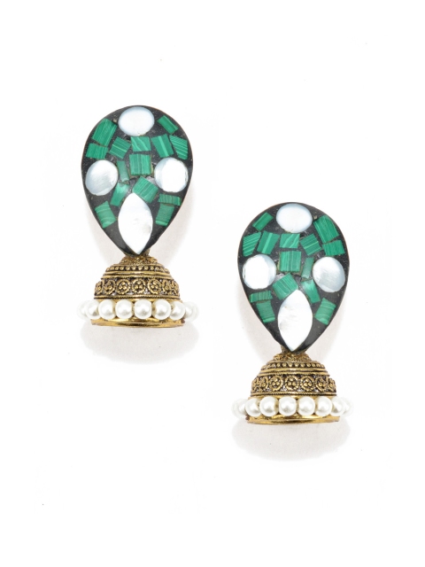 

Anetra Green & Gold-Toned Dome Shaped Handcrafted Jhumkas