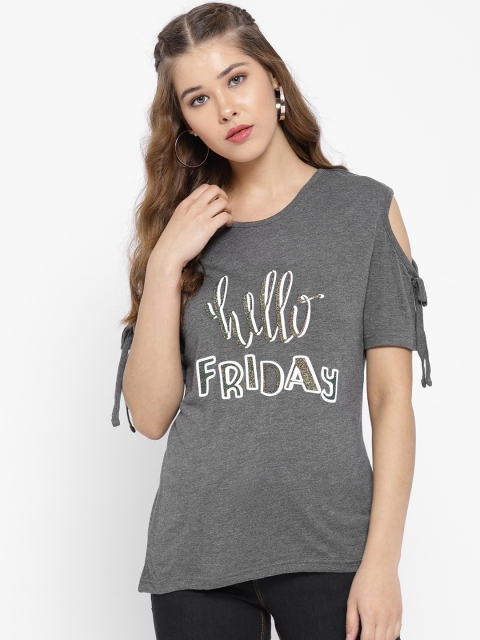 

Jealous 21 Women Charcoal Grey Printed Cold-Shoulder Top