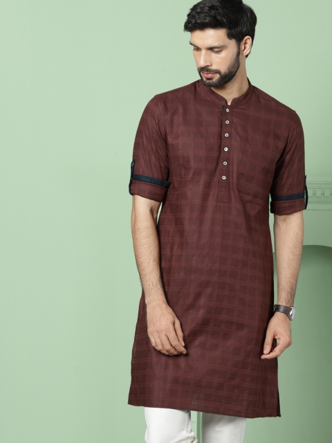 

House of Pataudi Men Maroon Checked Straight Kurta