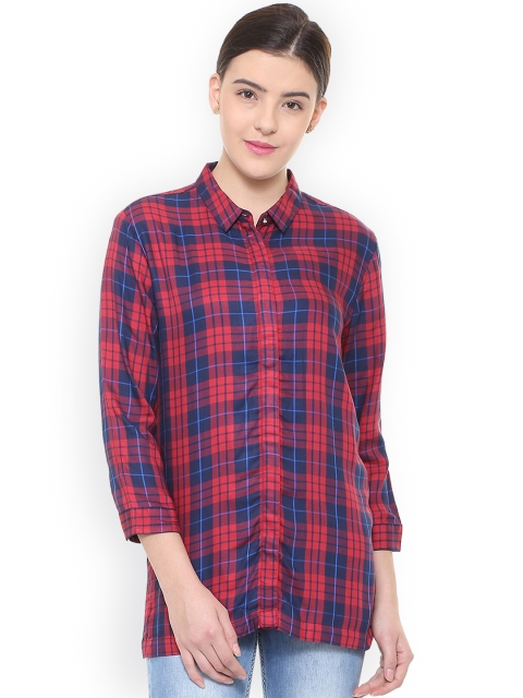 

Van Heusen Woman Women Red & Navy Blue Regular Fit Checked Casual Shirt