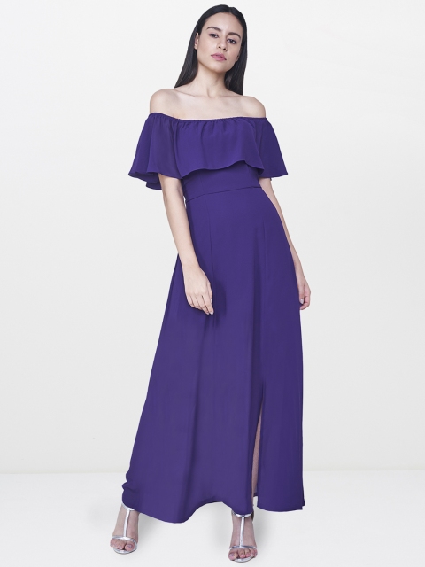 

AND Women Purple Solid Maxi Off-Shoulder Dress