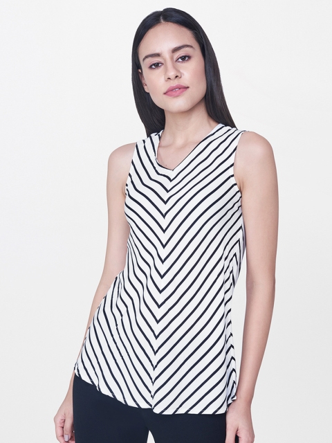 

AND Women White & Black Striped Regular Top