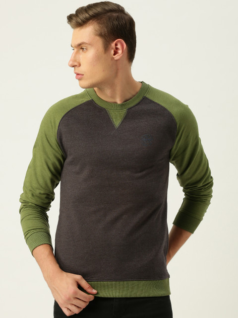 

Peter England Men Charcoal Grey & Olive Green Solid Sweatshirt