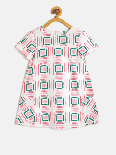 

United Colors of Benetton Girls White & Pink Printed A-Line Dress