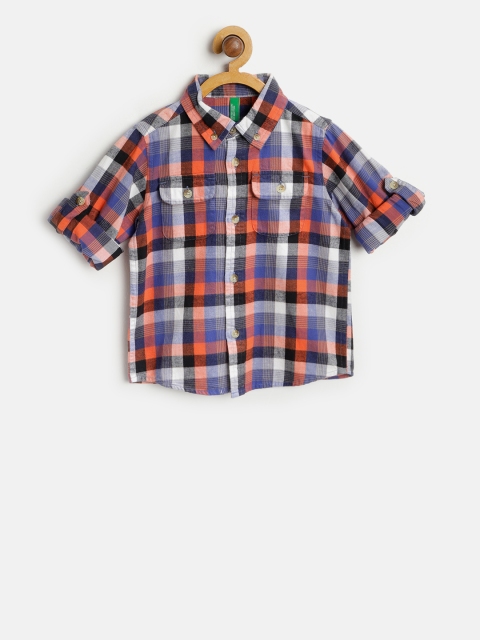 United Colors of Benetton Boys Blue & Orange Regular Fit Checked Casual Shirt
