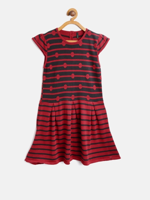 United Colors of Benetton Girls Maroon & Black Striped Sweater Dress