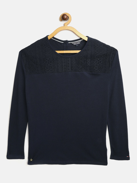 

Tommy Hilfiger Girls Navy Blue Self Design Round Neck T-shirt