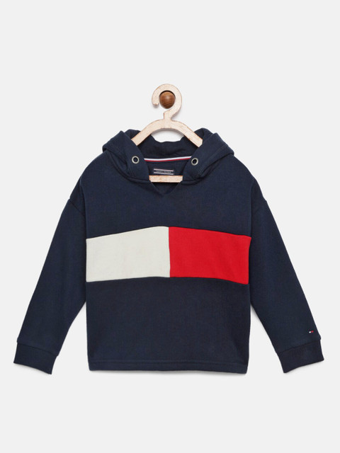 

Tommy Hilfiger Girls Navy Blue & Off-White Colourblocked Hooded Sweatshirt