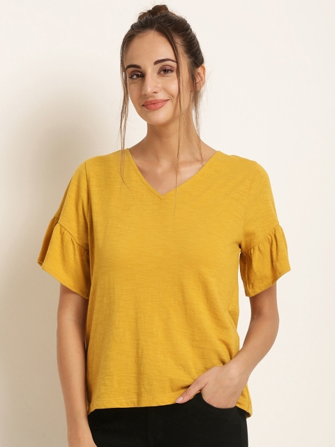 

Harpa Women Mustard-Yellow Solid Pure Cotton Top