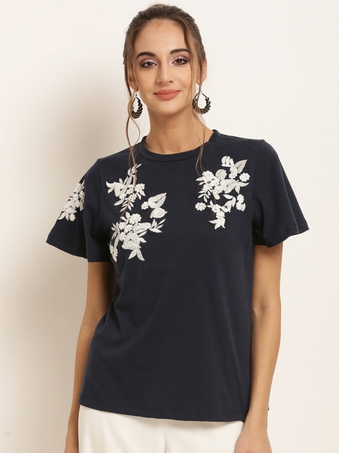

Harpa Women Navy Blue Floral Embroidered T-Shirt