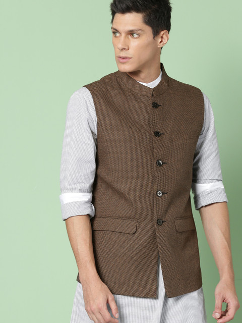 

House of Pataudi Men Mustard Yellow & Black Woven Design Nehru Jacket