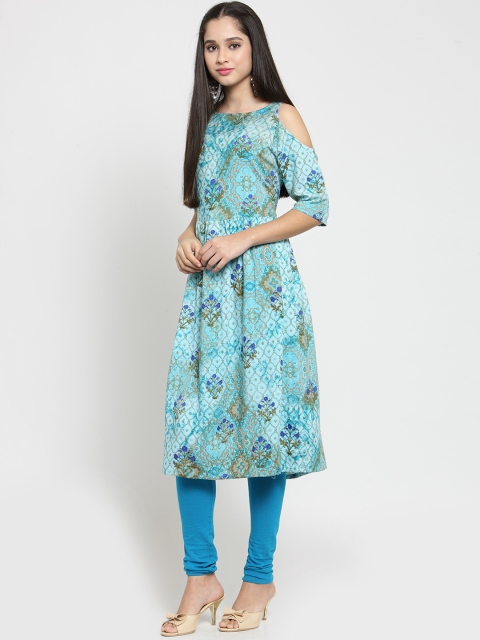

Jompers Women Turquoise Blue Printed A-Line Kurta