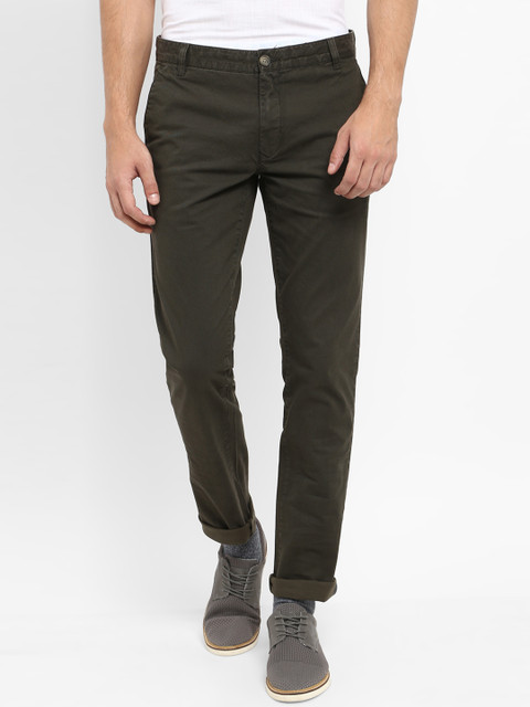 

Parx Men Olive Green Slim Fit Self Design Regular Trousers