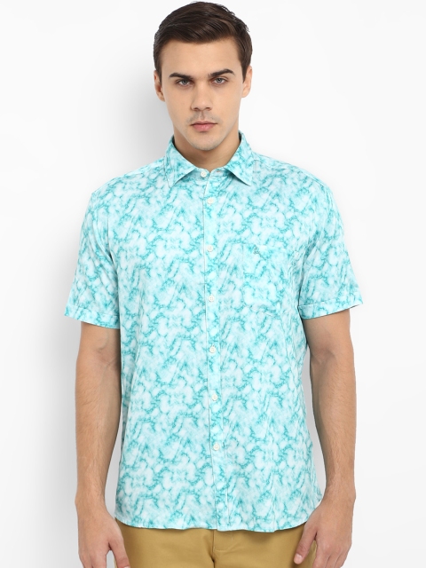 

Parx Men Sea Green & White Slim Fit Washed Casual Shirt