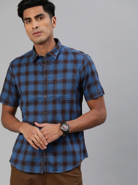 

Indian Terrain Men Blue & Coffee Brown Slim Fit Checked Casual Shirt