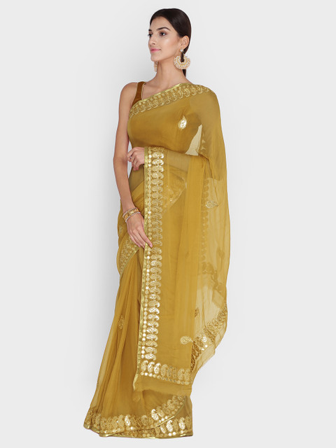 

Chhabra 555 Mustard & Gold-Toned Poly Georgette Embroidered Leheriya Saree