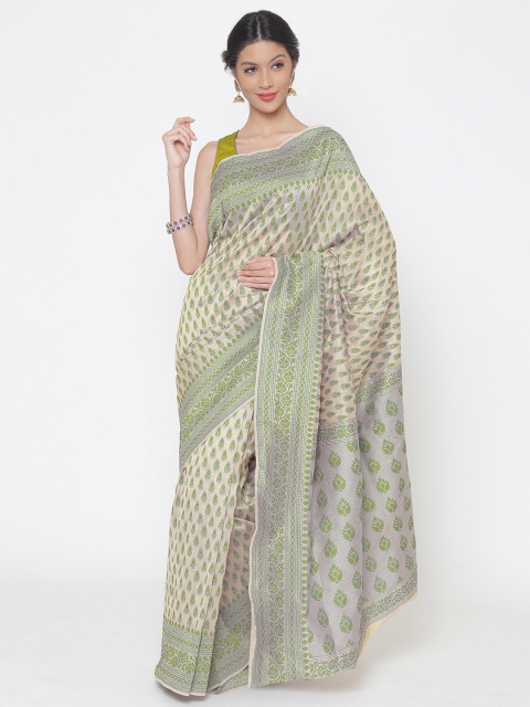 

Chhabra 555 Cream-Coloured & Green Art Silk Woven Design Chanderi Saree