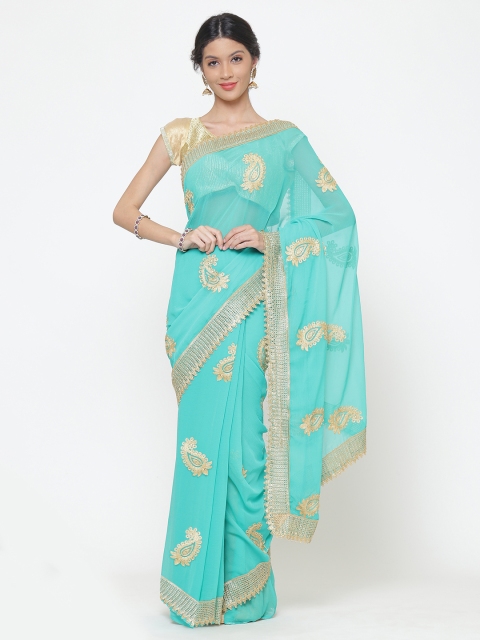 

Chhabra 555 Turquoise Blue & Beige Poly Georgette Embroidered Saree
