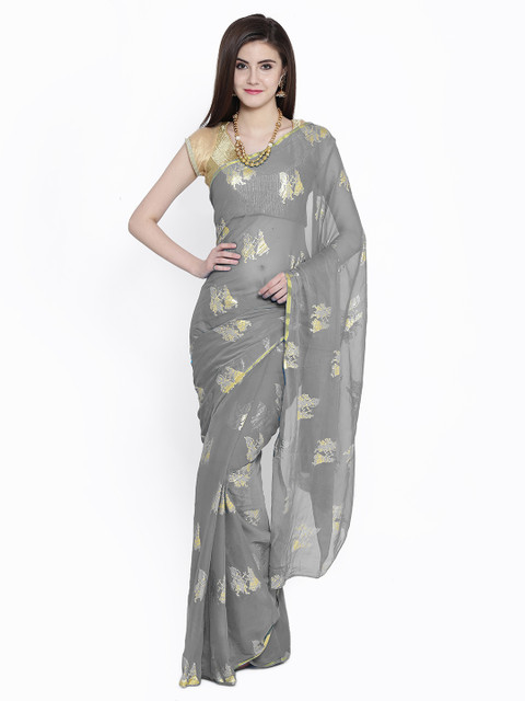 

Chhabra 555 Grey & Golden Coloured Poly Chiffon Woven Design Saree