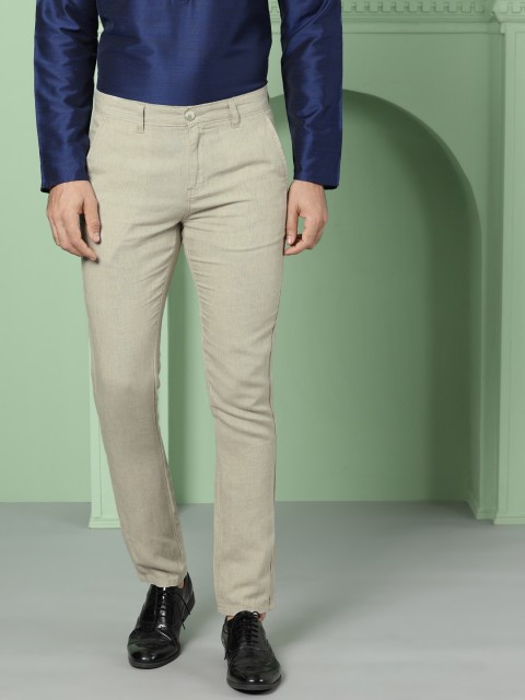 

House of Pataudi Men Beige Linen Regular Fit Solid Regular Trousers