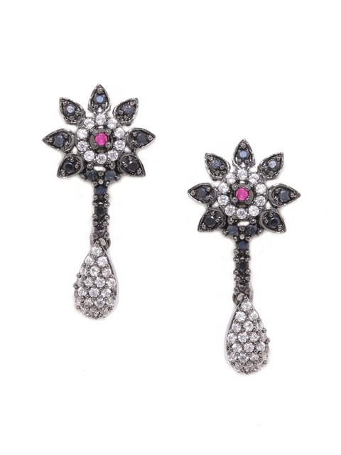 

Voylla Black & White Rhodium-Plated Contemporary Floral Drop Earrings